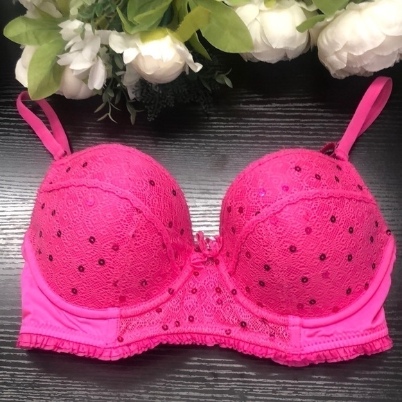 Kensie Bright Pink Sequin and Ruffle Bra Size 34C - Picture 1 of 15